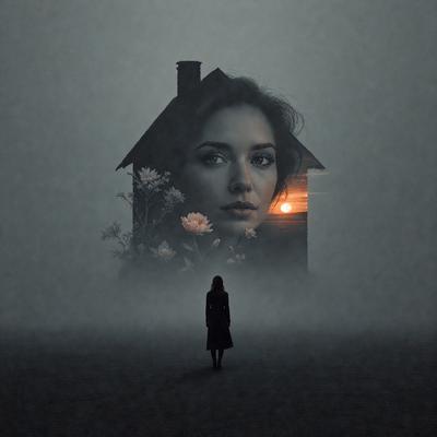 The primary subject of the image is a woman standing in front of a house. The setting is a foggy, dark environment, which adds a mysterious and moody atmosphere to the scene. The visual style appears to be a combination of photo and digital art, creating a surreal and intriguing scene. The woman is the main focus of the image, and her presence in front of the house adds a sense of depth and interest to the overall composition.